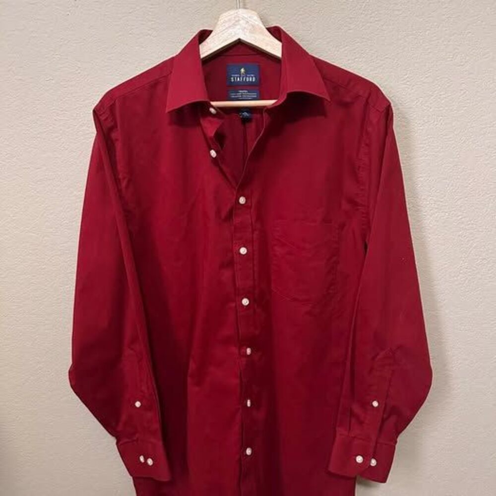 Stafford Red Regular Fit Medium Button Up Shirt